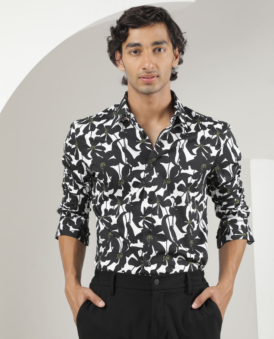Rare Rabbit Men's Kruela Black Viscose Floral Print Regular Fit Full Sleeve Collared Shirt