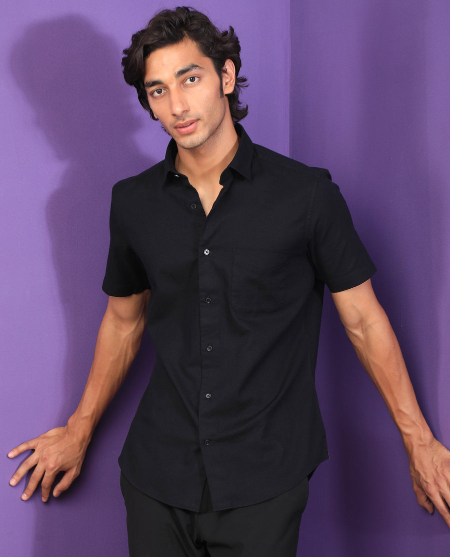 Rare Rabbit Men's Darwin - Black Cotton Plain Regular Fit Half Sleeve Collared Shirt