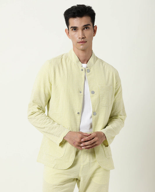 Rare Rabbit Men's Gin Olive Cotton Checked Print Regular Fit Full Sleeve Mandarin Collar Jacket