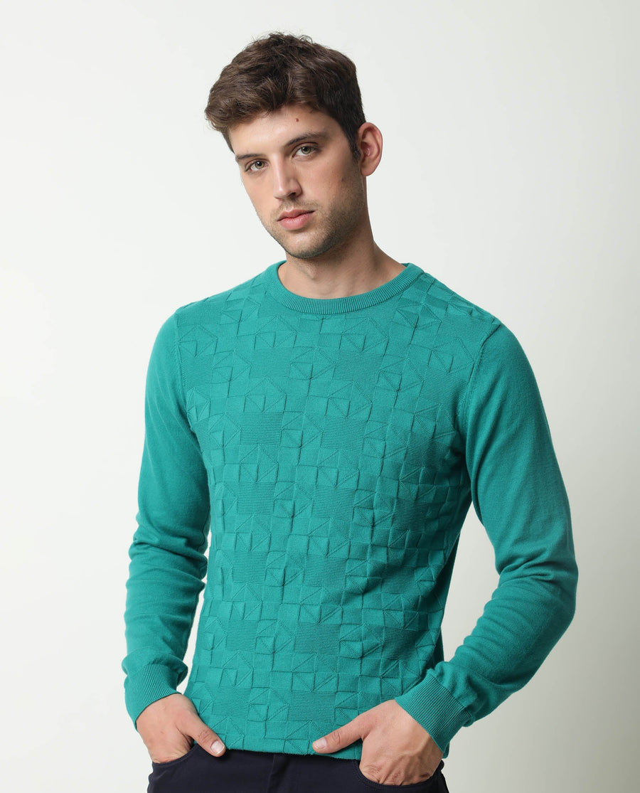 Rare Rabbit Men's Russ Green Cotton Textured Relaxed Fit Full Sleeve Crew Neck Sweater