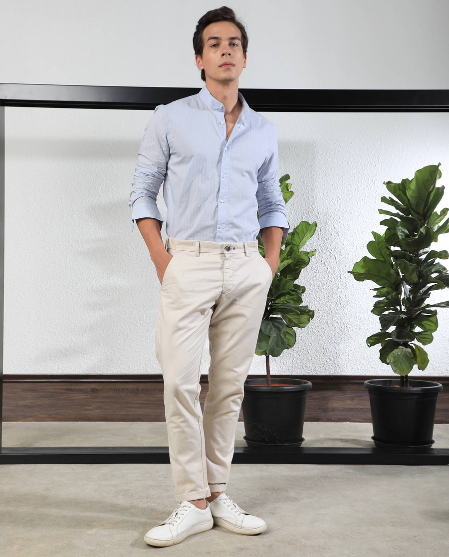 Rare Rabbit Men's Mazzio Beige Cotton Jacquard Slim Fit Trouser