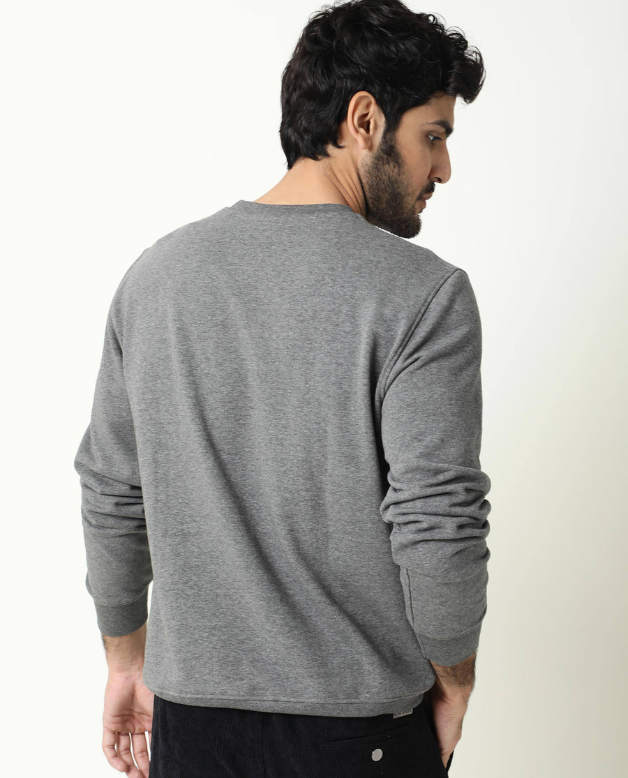 Rare Rabbit Men's Velveto Grey Cotton Plain Regular Fit Full Sleeve Crew Neck Sweatshirt