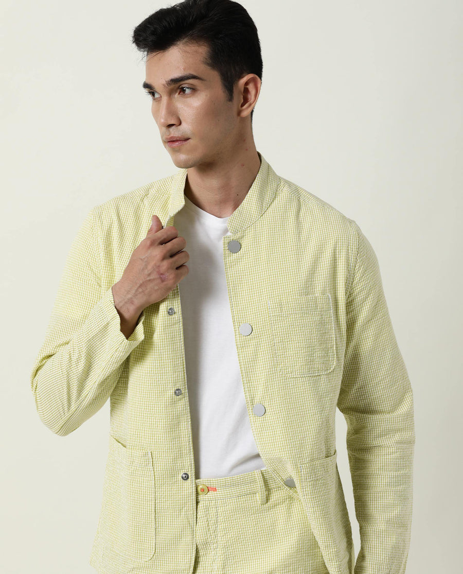 Rare Rabbit Men's Gin Olive Cotton Checked Print Regular Fit Full Sleeve Mandarin Collar Jacket
