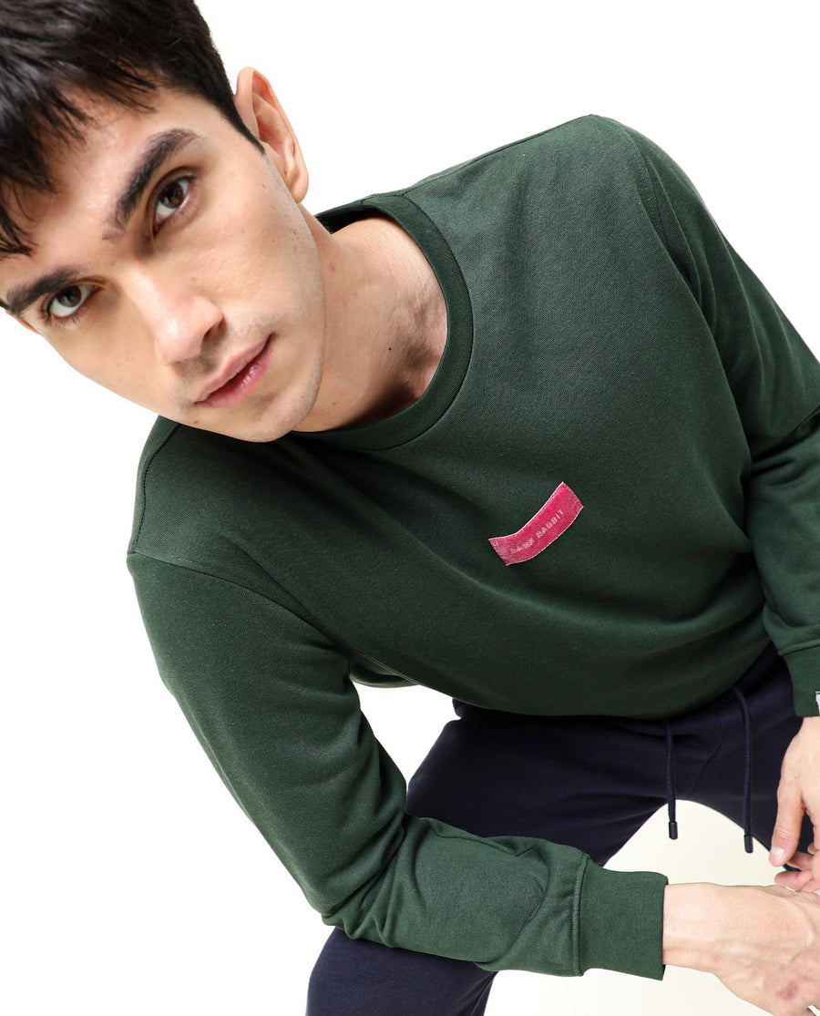 Rare Rabbit Men's Velveto Green Cotton Plain Regular Fit Full Sleeve Crew Neck Sweatshirt