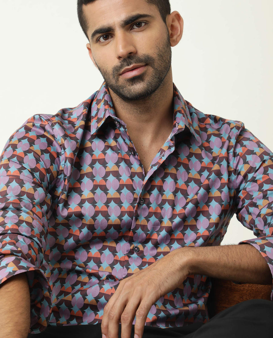 Rare Rabbit Men's Coret Multi Cotton Geometric Print Regular Fit Full Sleeve Collared Shirt