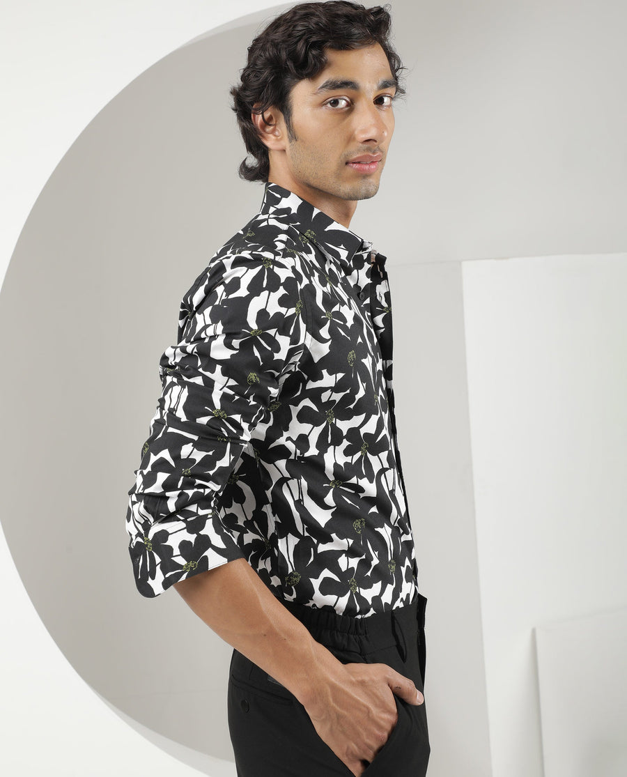 Rare Rabbit Men's Kruela Black Viscose Floral Print Regular Fit Full Sleeve Collared Shirt