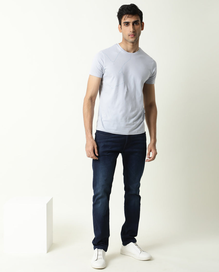 Rare Rabbit Men's Graph Blue Cotton Graphic Print Slim Fit Half Sleeve Crew Neck T-Shirt