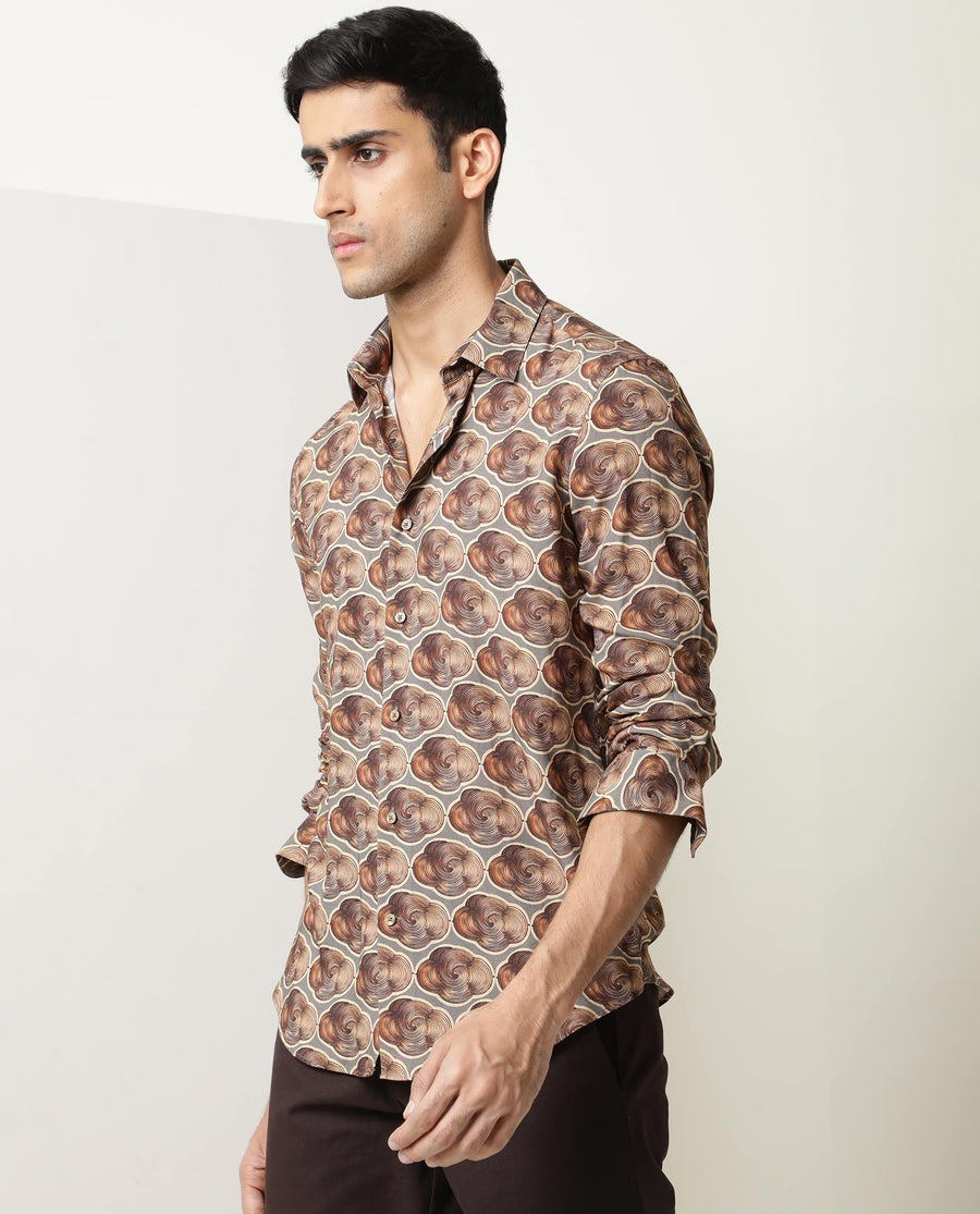 Rare Rabbit Men's Tymon Ls Grey Viscose Geometric Print Regular Fit Full Sleeve Collared Shirt