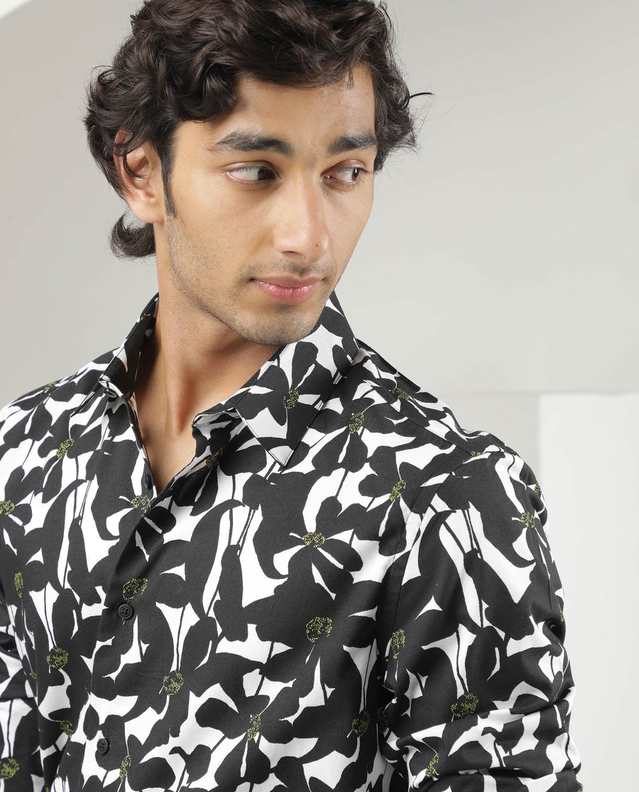 Rare Rabbit Men's Kruela Black Viscose Floral Print Regular Fit Full Sleeve Collared Shirt