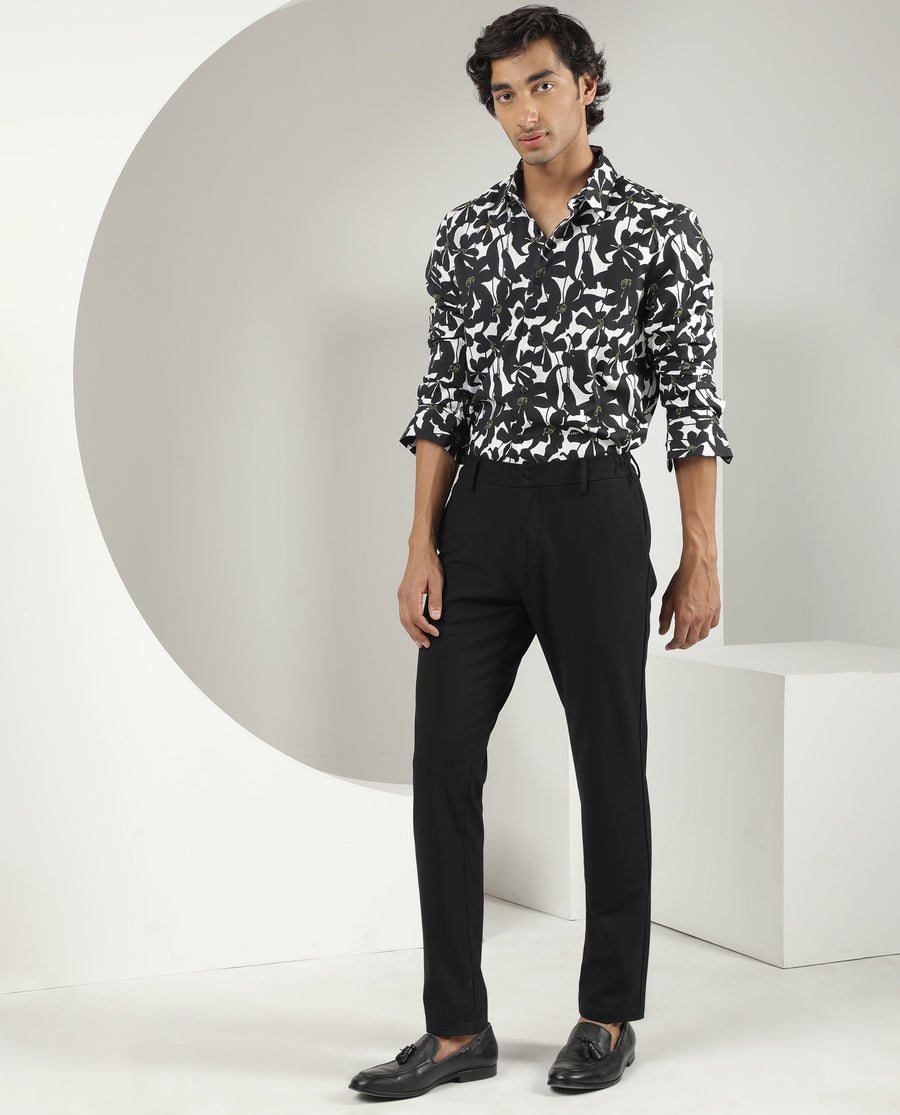 Rare Rabbit Men's Kruela Black Viscose Floral Print Regular Fit Full Sleeve Collared Shirt