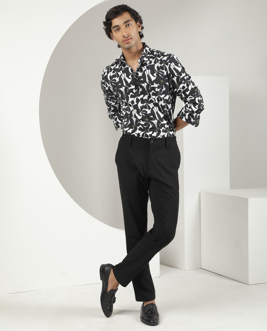 Rare Rabbit Men's Kruela Black Viscose Floral Print Regular Fit Full Sleeve Collared Shirt