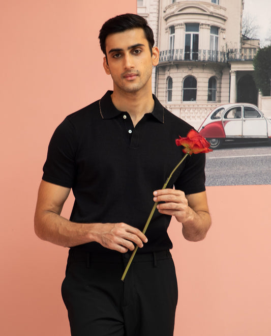 Rare Rabbit Men's Kefa Black Cotton Plain Slim Fit Half Sleeve Polo