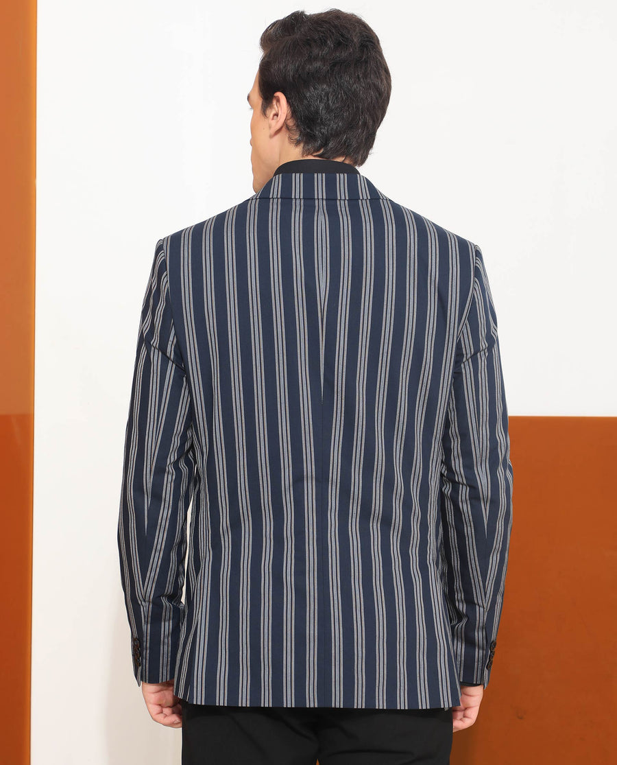 Rare Rabbit Men's Kano Navy Cotton Striped Print Tailored Fit Full Sleeve Lapel Neck Blazer
