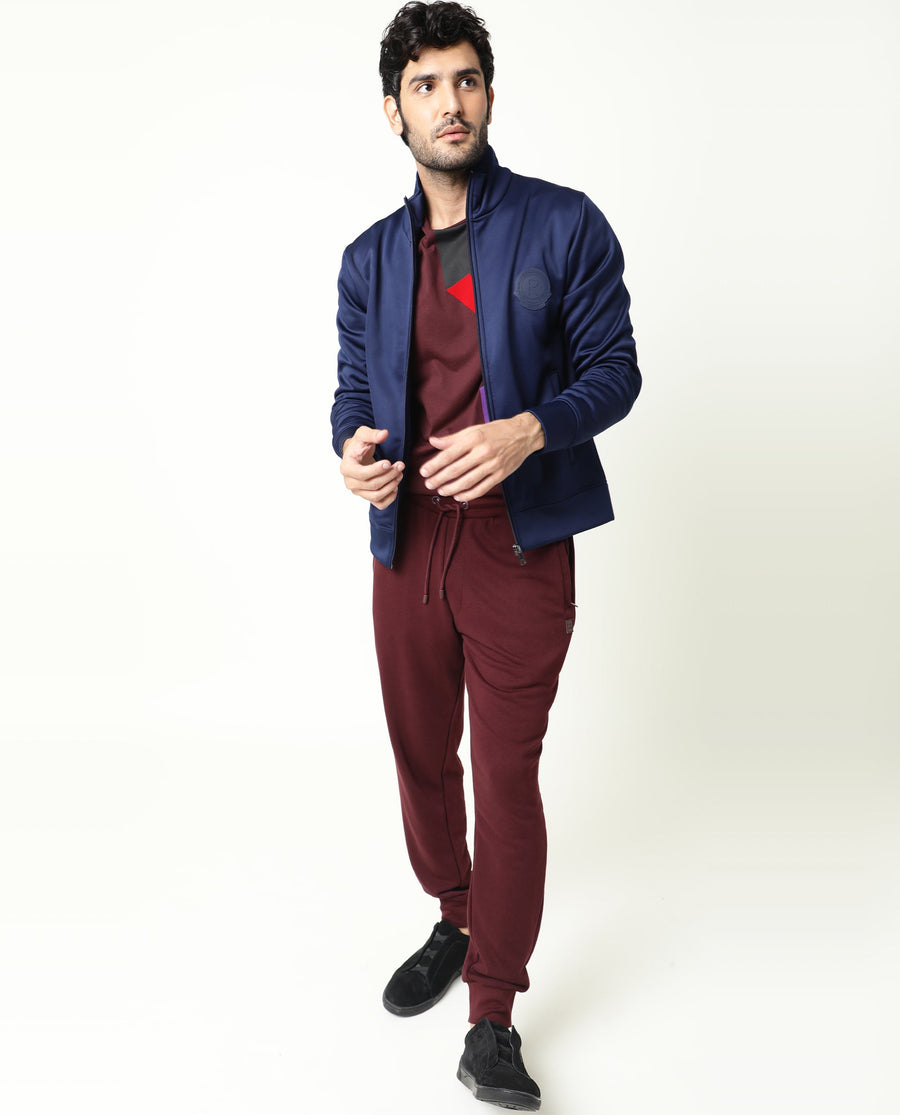 Rare Rabbit Men's Bond Dark Blue Polyester Plain Regular Fit Full Sleeve High Neck Jacket
