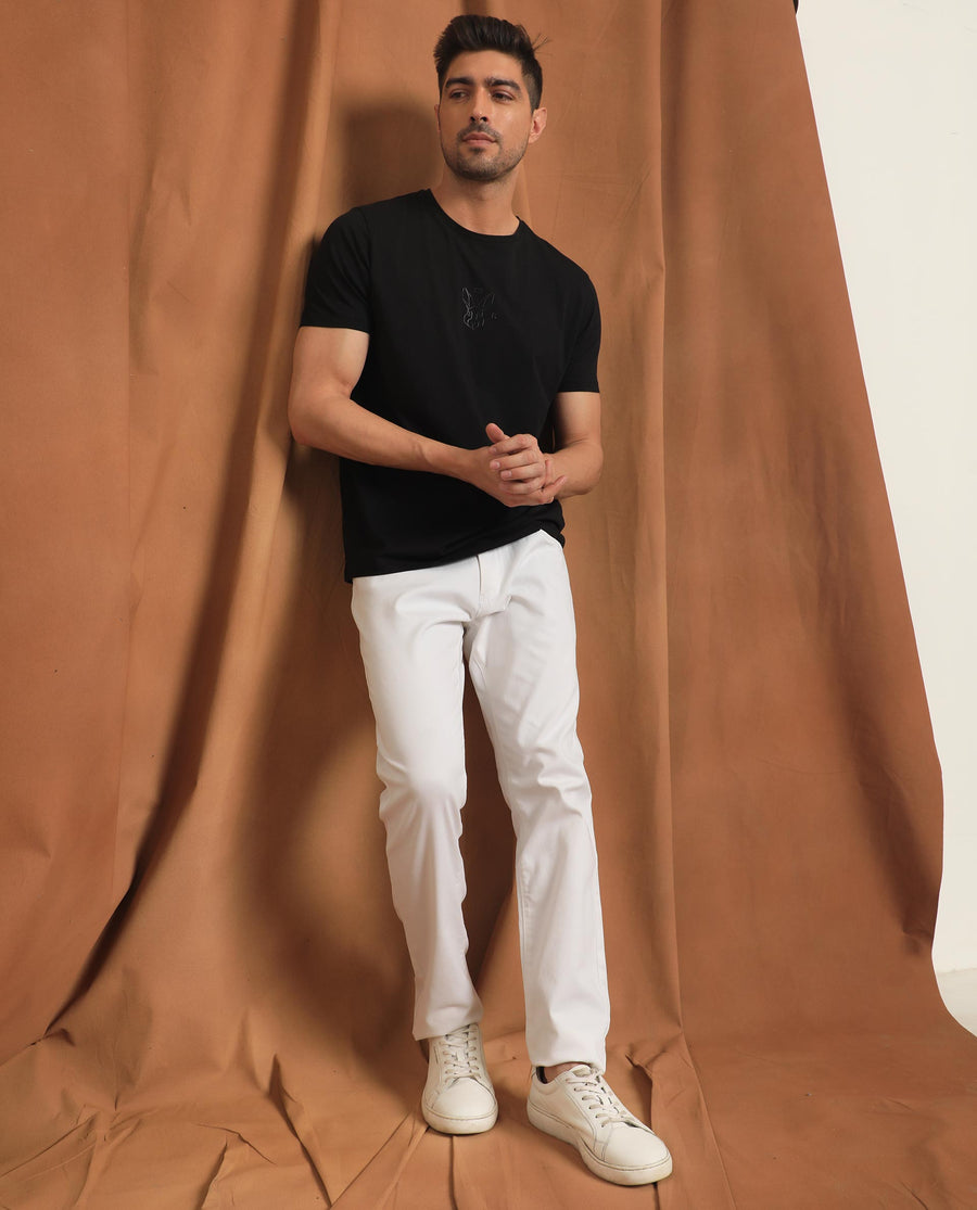 Rare Rabbit Men's Spoke-22 White Cotton Plain Regular Fit Trouser