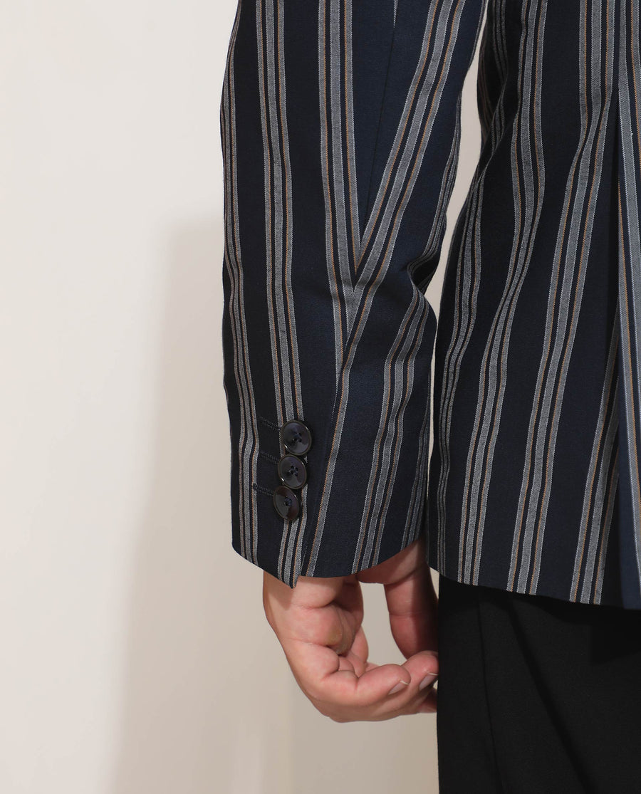 Rare Rabbit Men's Kano Navy Cotton Striped Print Tailored Fit Full Sleeve Lapel Neck Blazer