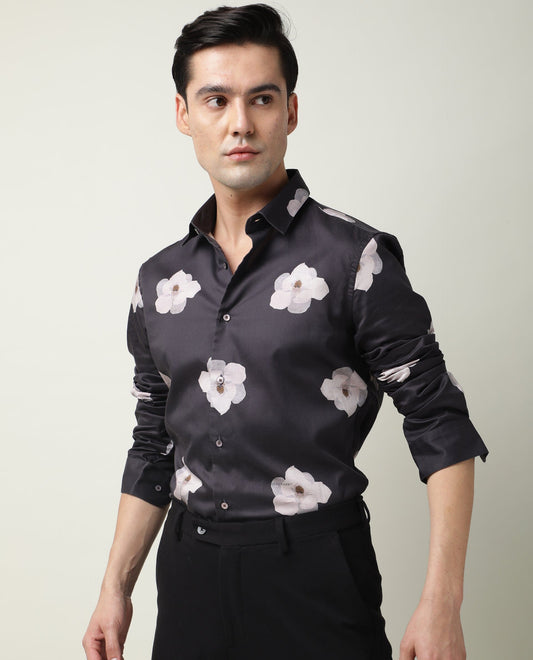 Rare Rabbit Men's Damo Black Cotton Floral Print Regular Fit Full Sleeve Collared Shirt