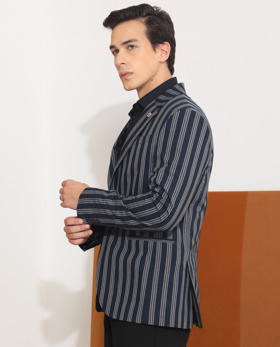 Rare Rabbit Men's Kano Navy Cotton Striped Print Tailored Fit Full Sleeve Lapel Neck Blazer