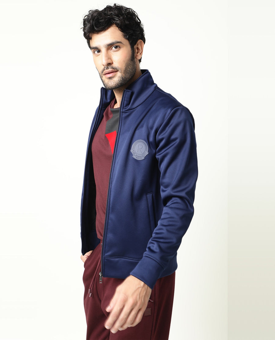 Rare Rabbit Men's Bond Dark Blue Polyester Plain Regular Fit Full Sleeve High Neck Jacket