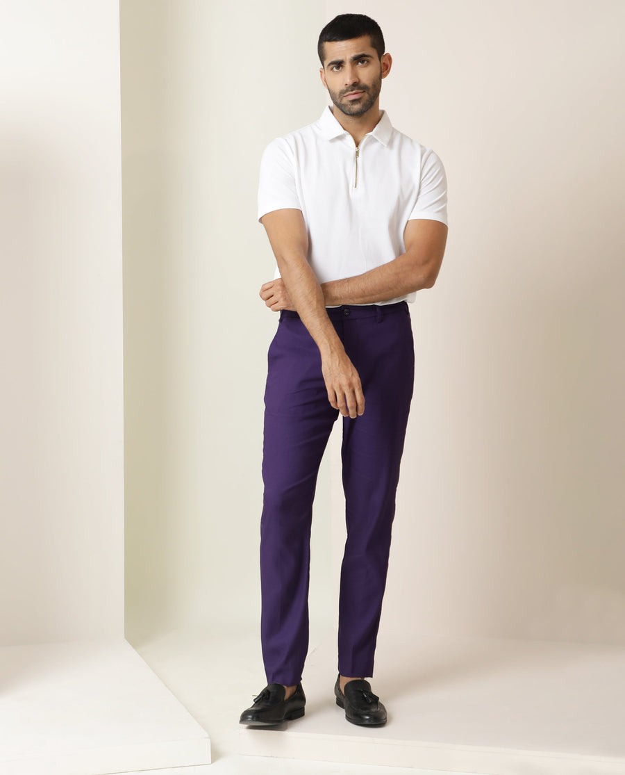 Rare Rabbit Men's Glade Purple Viscose Plain Slim Fit Trouser
