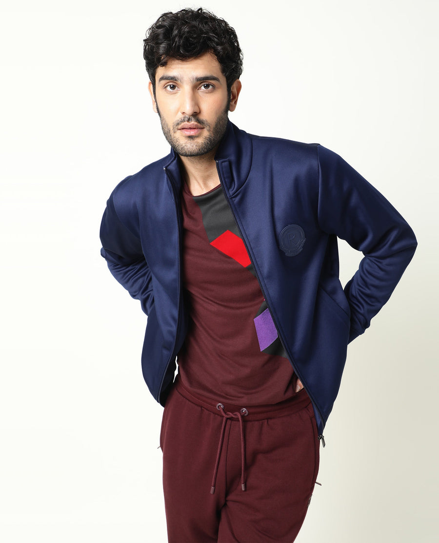 Rare Rabbit Men's Bond Dark Blue Polyester Plain Regular Fit Full Sleeve High Neck Jacket