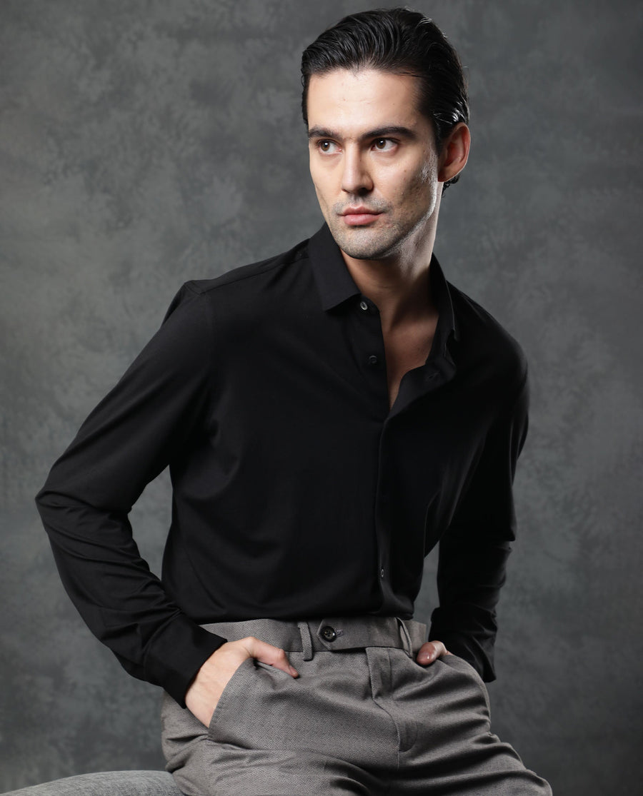 Rare Rabbit Men's Zaco Black Cotton Plain Regular Fit Full Sleeve Collared Shirt