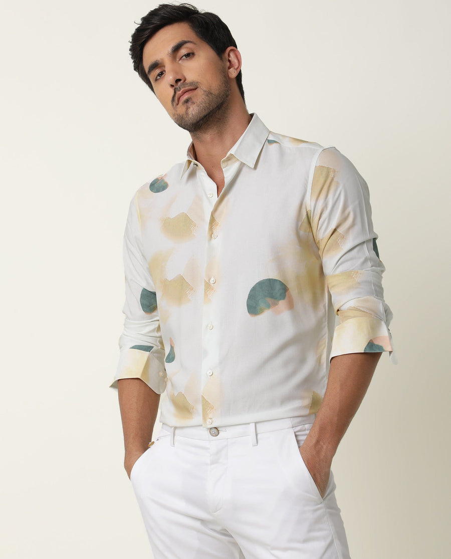 Rare Rabbit Men's Cedar Green Viscose Abstract Print Regular Fit Full Sleeve Collared Shirt