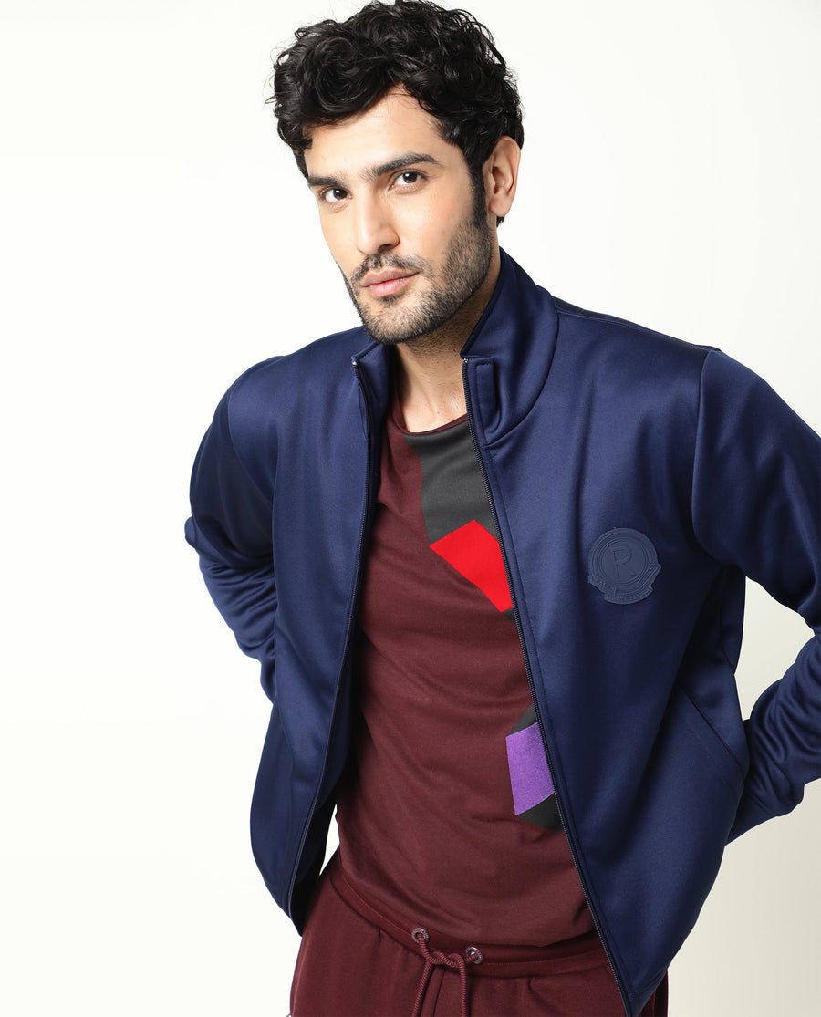 Rare Rabbit Men's Bond Dark Blue Polyester Plain Regular Fit Full Sleeve High Neck Jacket