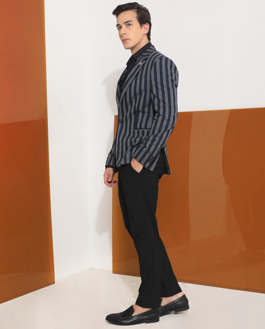 Rare Rabbit Men's Kano Navy Cotton Striped Print Tailored Fit Full Sleeve Lapel Neck Blazer