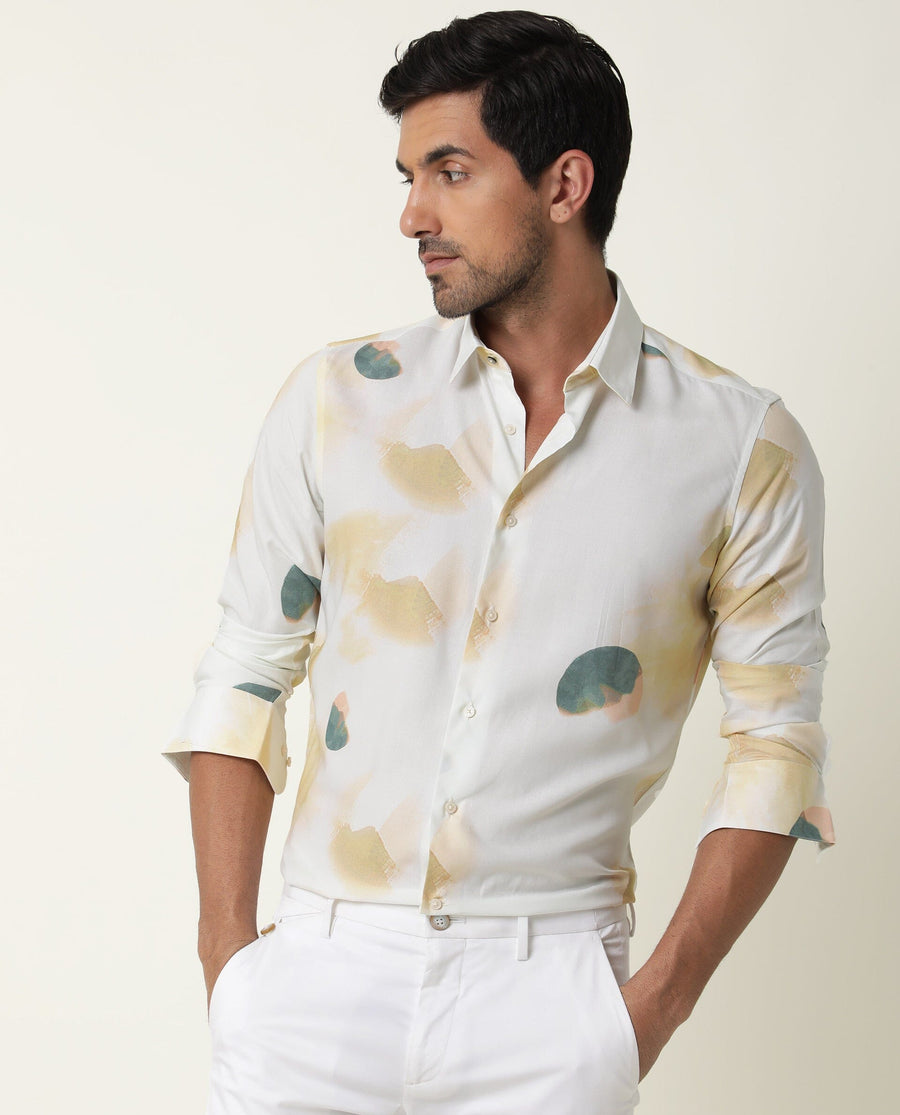 Rare Rabbit Men's Cedar Green Viscose Abstract Print Regular Fit Full Sleeve Collared Shirt