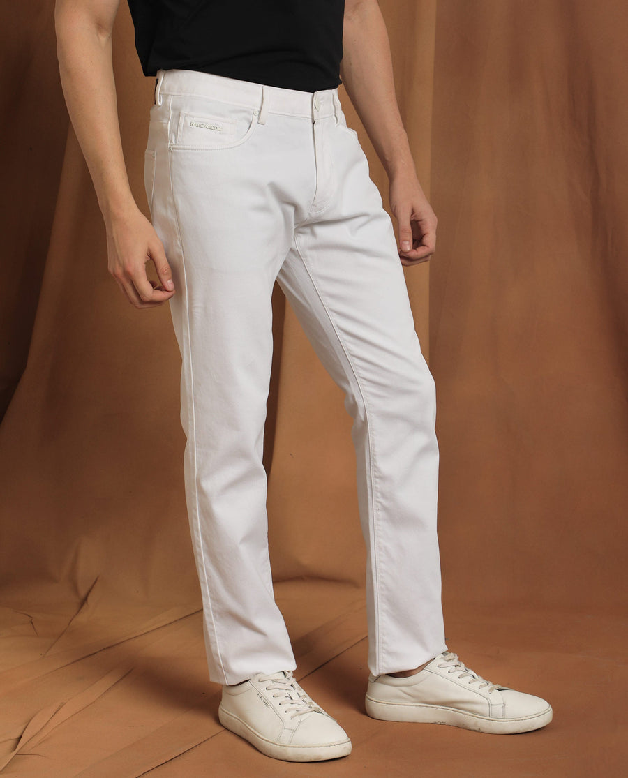 Rare Rabbit Men's Spoke-22 White Cotton Plain Regular Fit Trouser