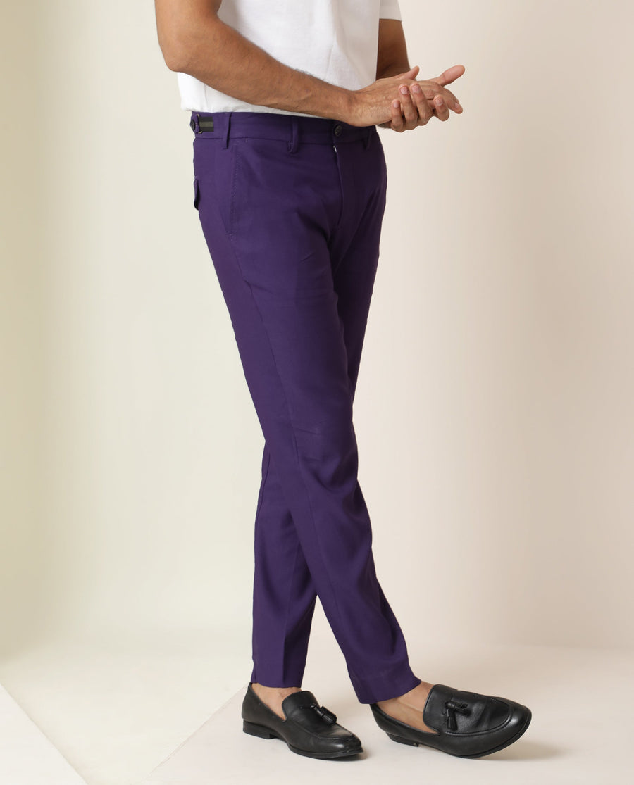 Rare Rabbit Men's Glade Purple Viscose Plain Slim Fit Trouser