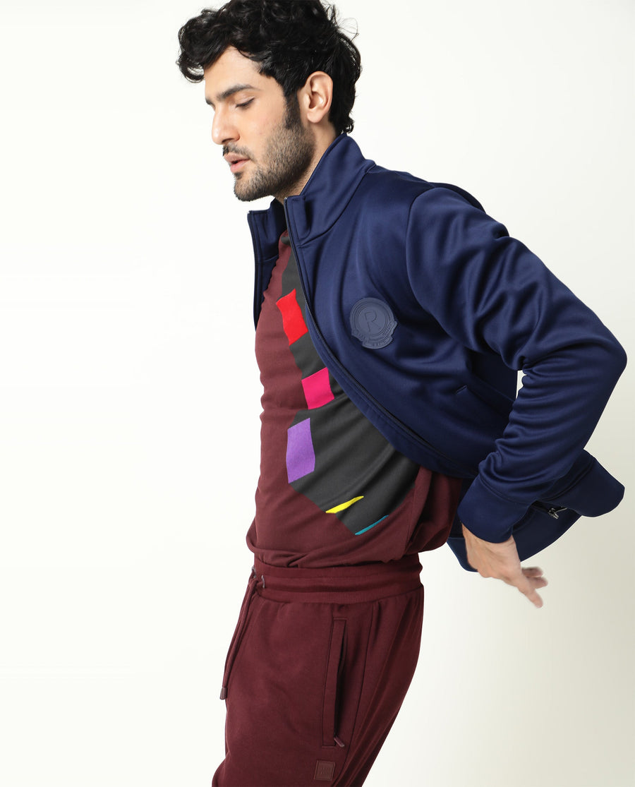 Rare Rabbit Men's Bond Dark Blue Polyester Plain Regular Fit Full Sleeve High Neck Jacket