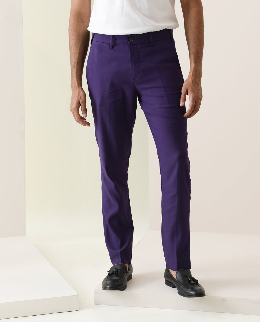 Rare Rabbit Men's Glade Purple Viscose Plain Slim Fit Trouser