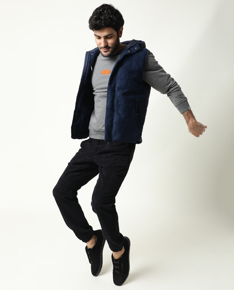 Rare Rabbit Men's Velveto Grey Cotton Plain Regular Fit Full Sleeve Crew Neck Sweatshirt