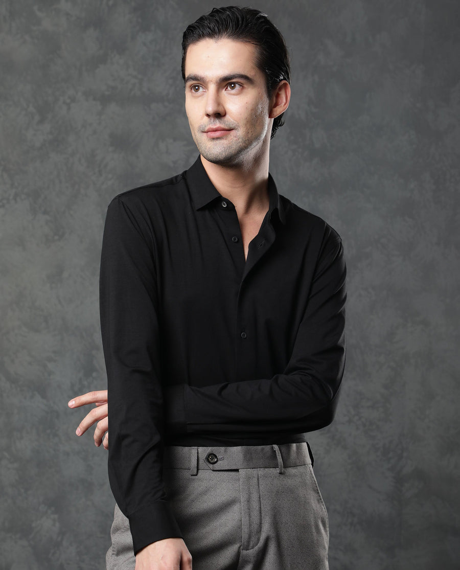 Rare Rabbit Men's Zaco Black Cotton Plain Regular Fit Full Sleeve Collared Shirt