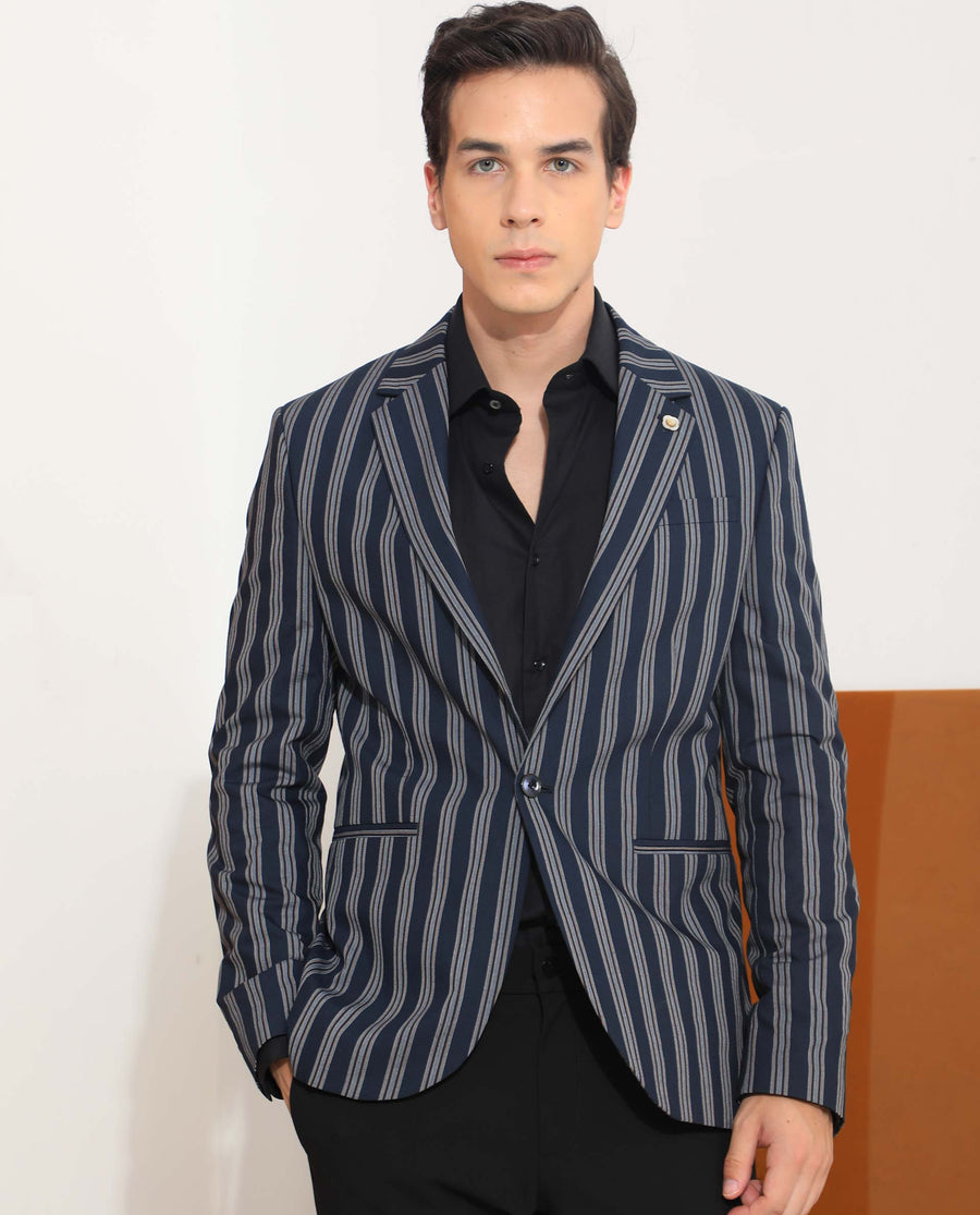 Rare Rabbit Men's Kano Navy Cotton Striped Print Tailored Fit Full Sleeve Lapel Neck Blazer