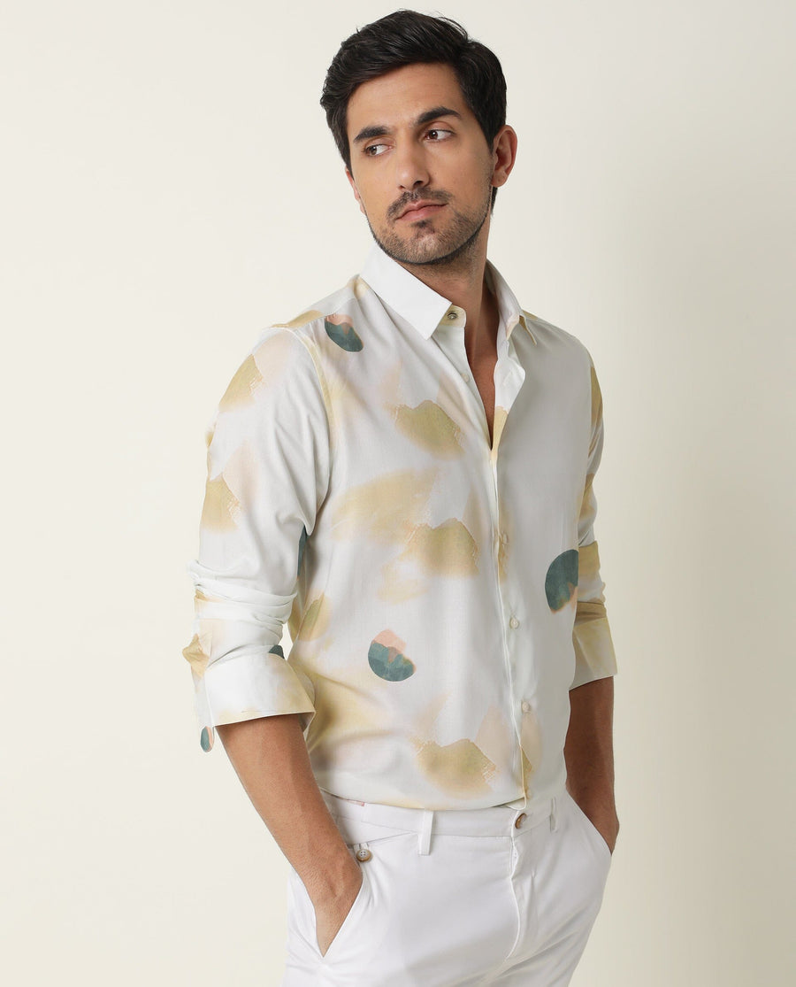 Rare Rabbit Men's Cedar Green Viscose Abstract Print Regular Fit Full Sleeve Collared Shirt