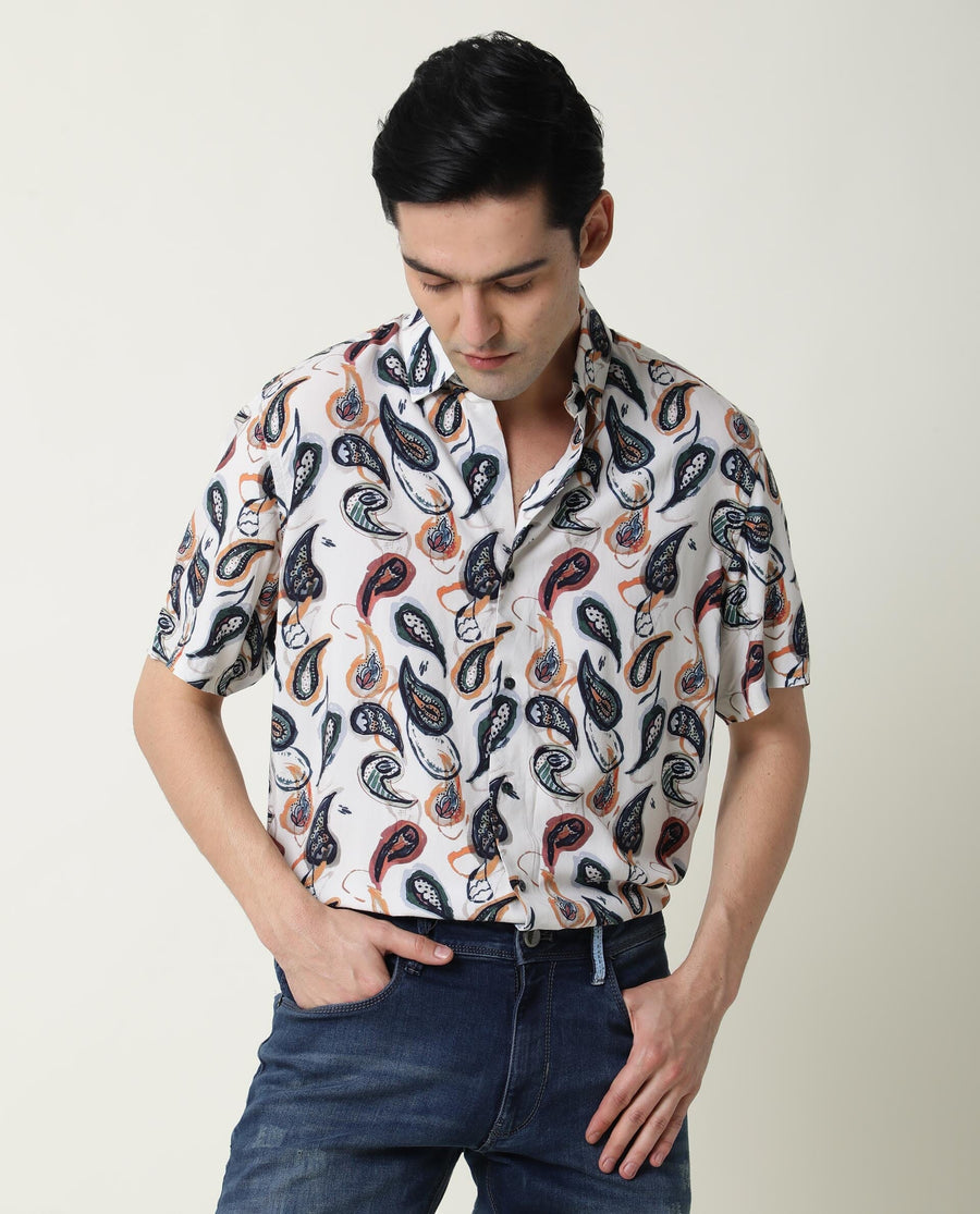 Rare Rabbit Men's Ivys Ss Beige Viscose Printed Regular Fit Half Sleeve Collared Shirt
