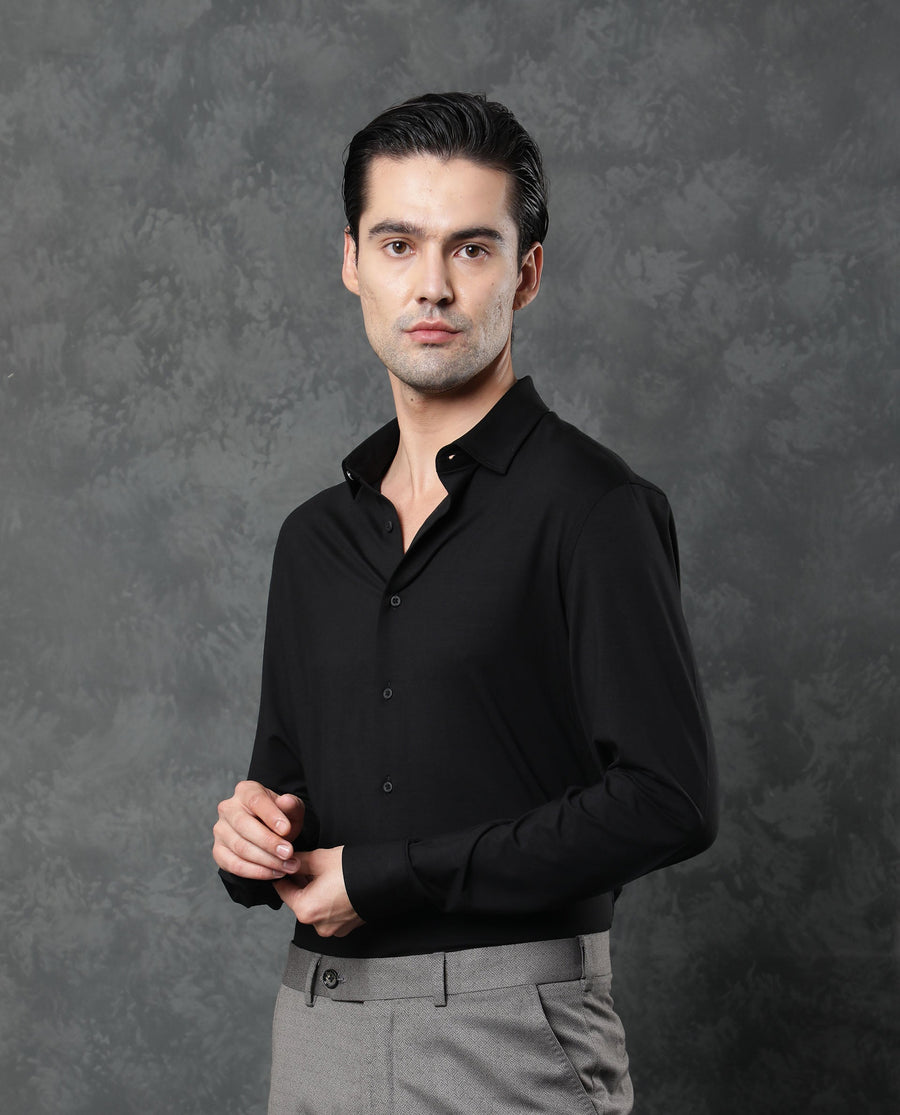Rare Rabbit Men's Zaco Black Cotton Plain Regular Fit Full Sleeve Collared Shirt