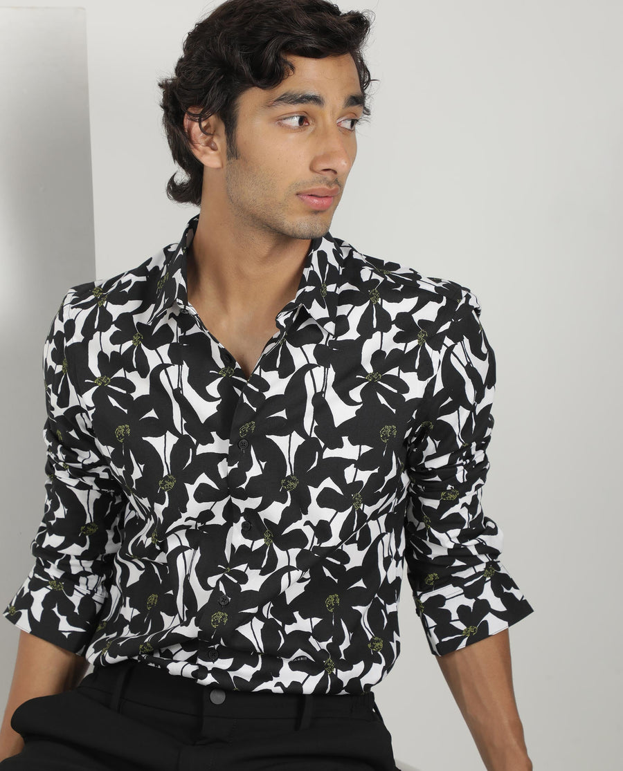 Rare Rabbit Men's Kruela Black Viscose Floral Print Regular Fit Full Sleeve Collared Shirt
