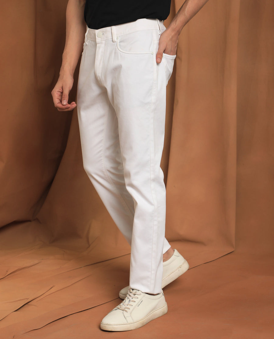 Rare Rabbit Men's Spoke-22 White Cotton Plain Regular Fit Trouser