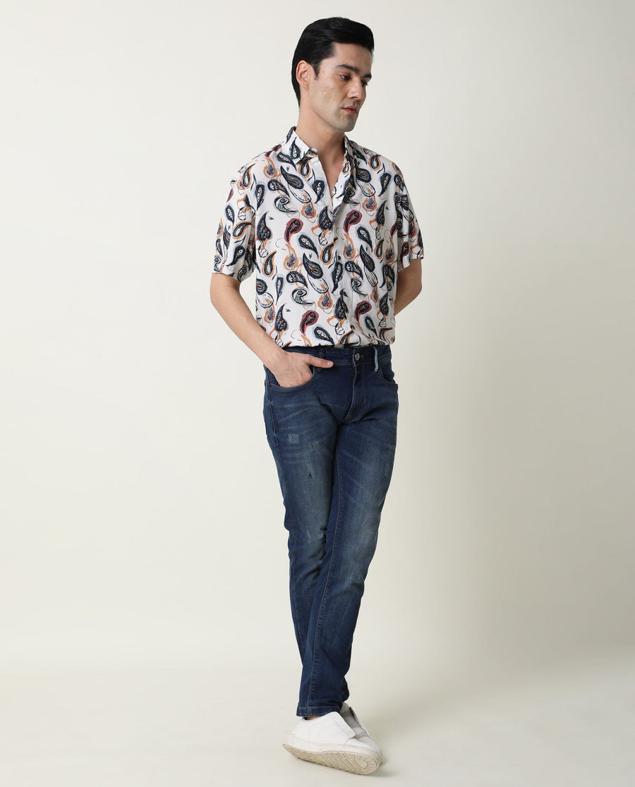 Rare Rabbit Men's Ivys Ss Beige Viscose Printed Regular Fit Half Sleeve Collared Shirt