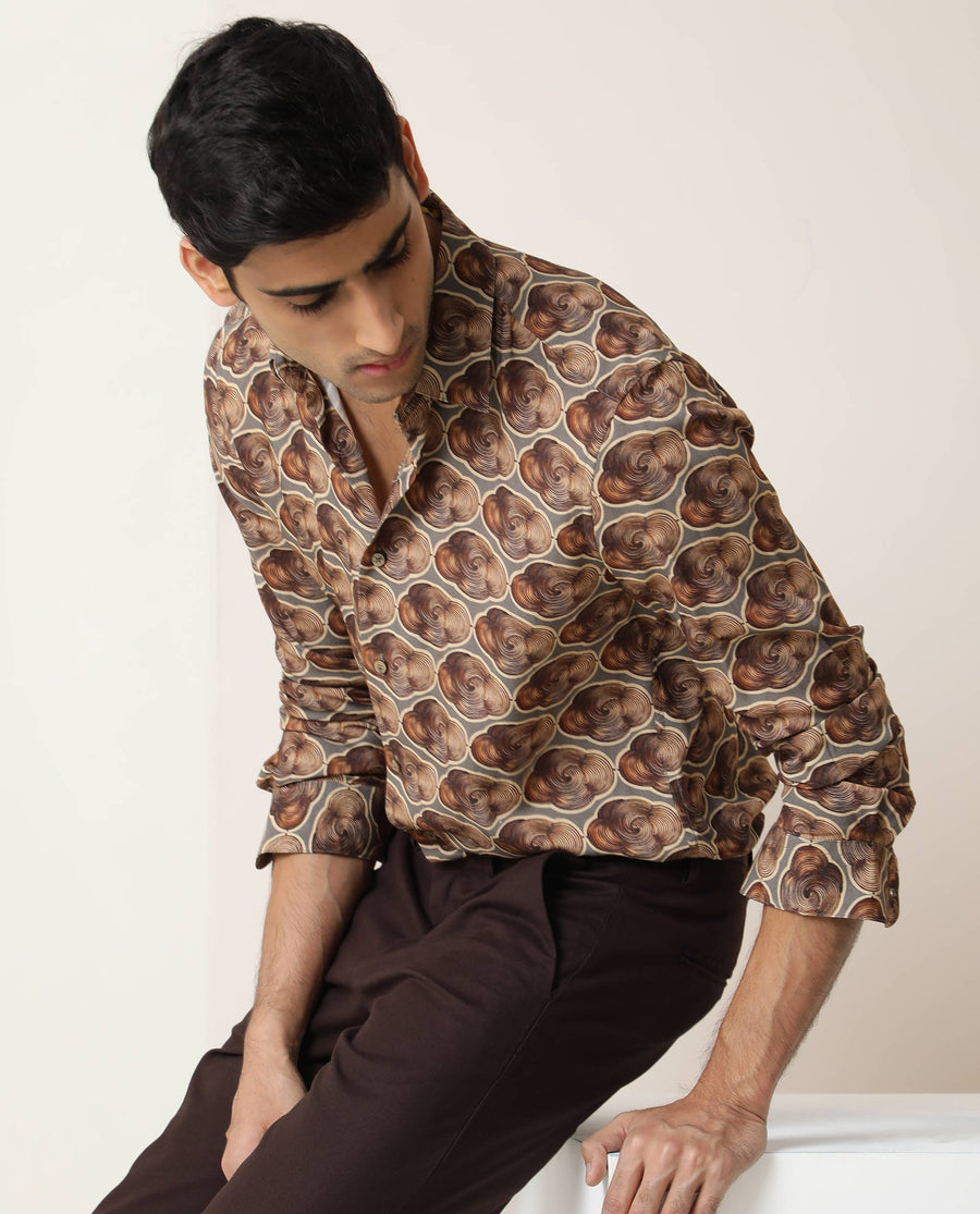 Rare Rabbit Men's Tymon Ls Grey Viscose Geometric Print Regular Fit Full Sleeve Collared Shirt