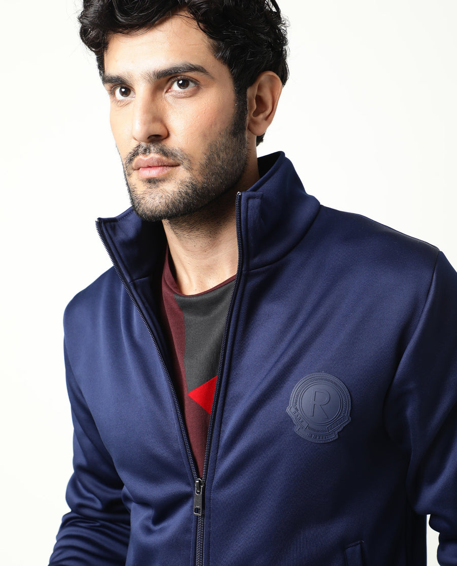 Rare Rabbit Men's Bond Dark Blue Polyester Plain Regular Fit Full Sleeve High Neck Jacket