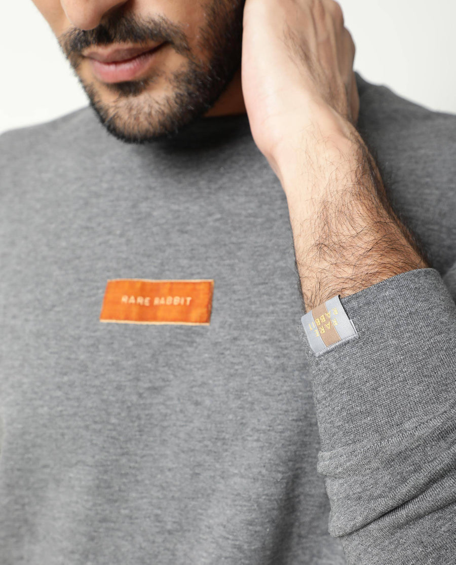 Rare Rabbit Men's Velveto Grey Cotton Plain Regular Fit Full Sleeve Crew Neck Sweatshirt