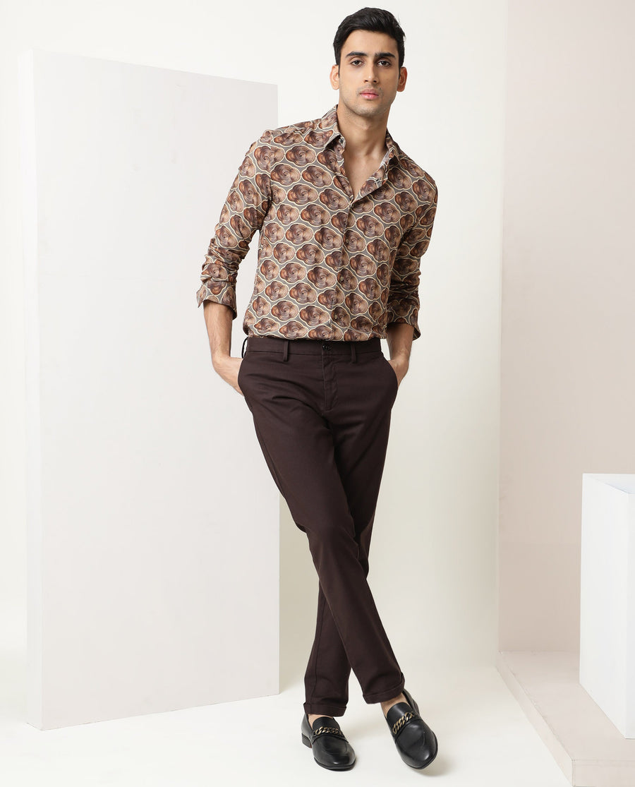 Rare Rabbit Men's Tymon Ls Grey Viscose Geometric Print Regular Fit Full Sleeve Collared Shirt
