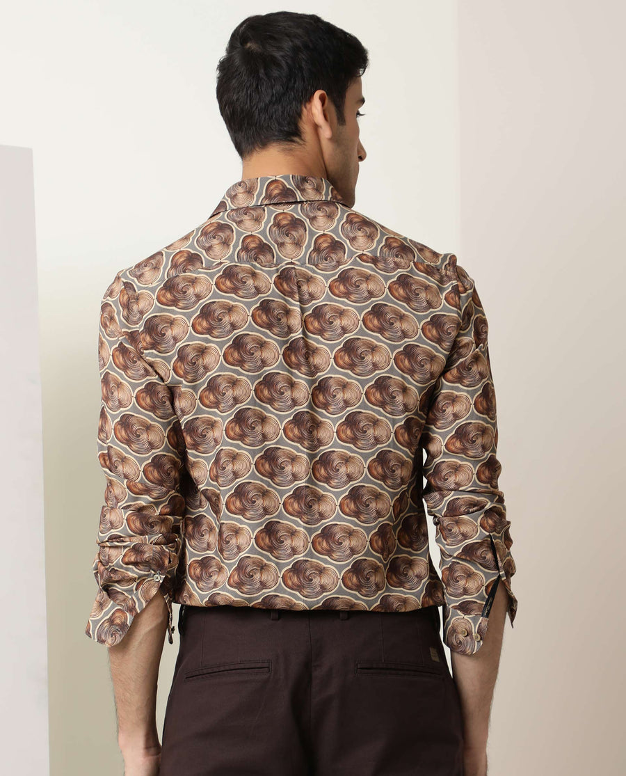 Rare Rabbit Men's Tymon Ls Grey Viscose Geometric Print Regular Fit Full Sleeve Collared Shirt