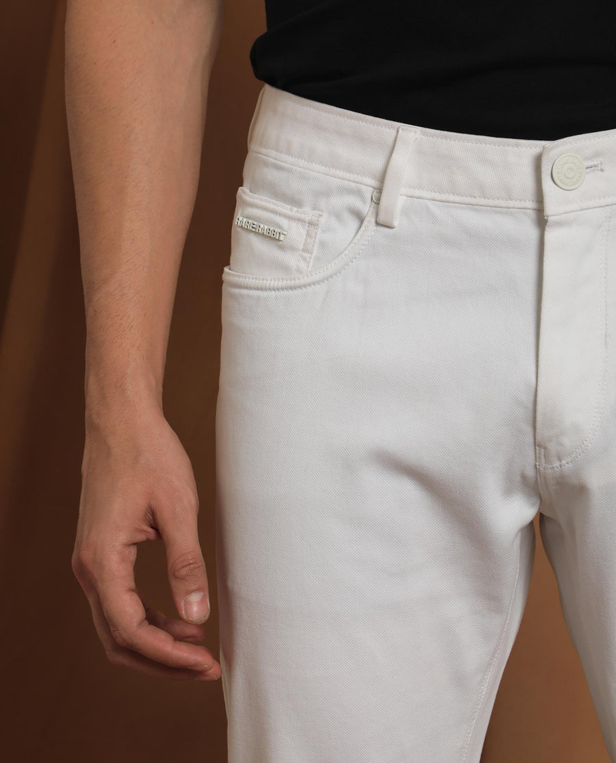 Rare Rabbit Men's Spoke-22 White Cotton Plain Regular Fit Trouser