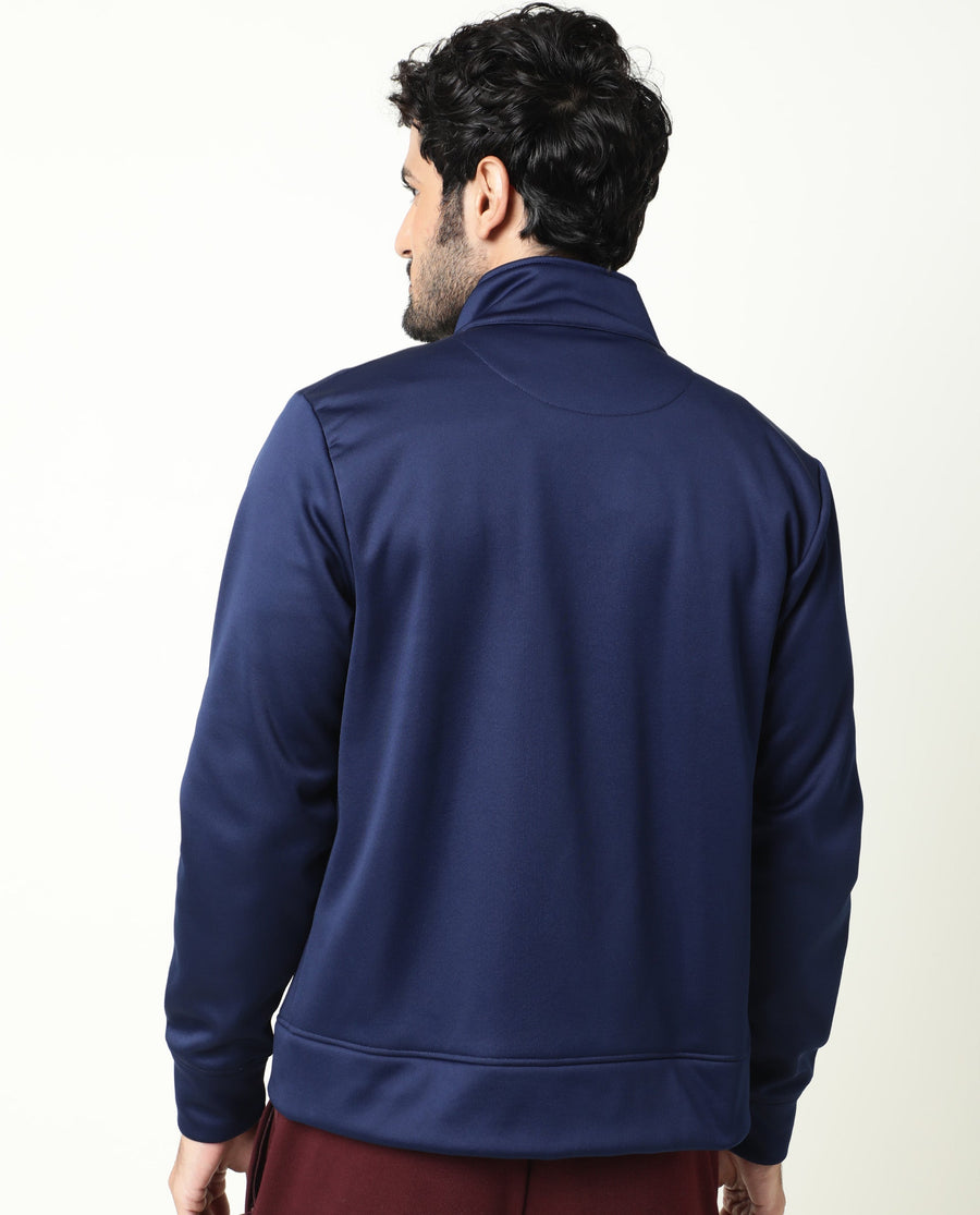 Rare Rabbit Men's Bond Dark Blue Polyester Plain Regular Fit Full Sleeve High Neck Jacket